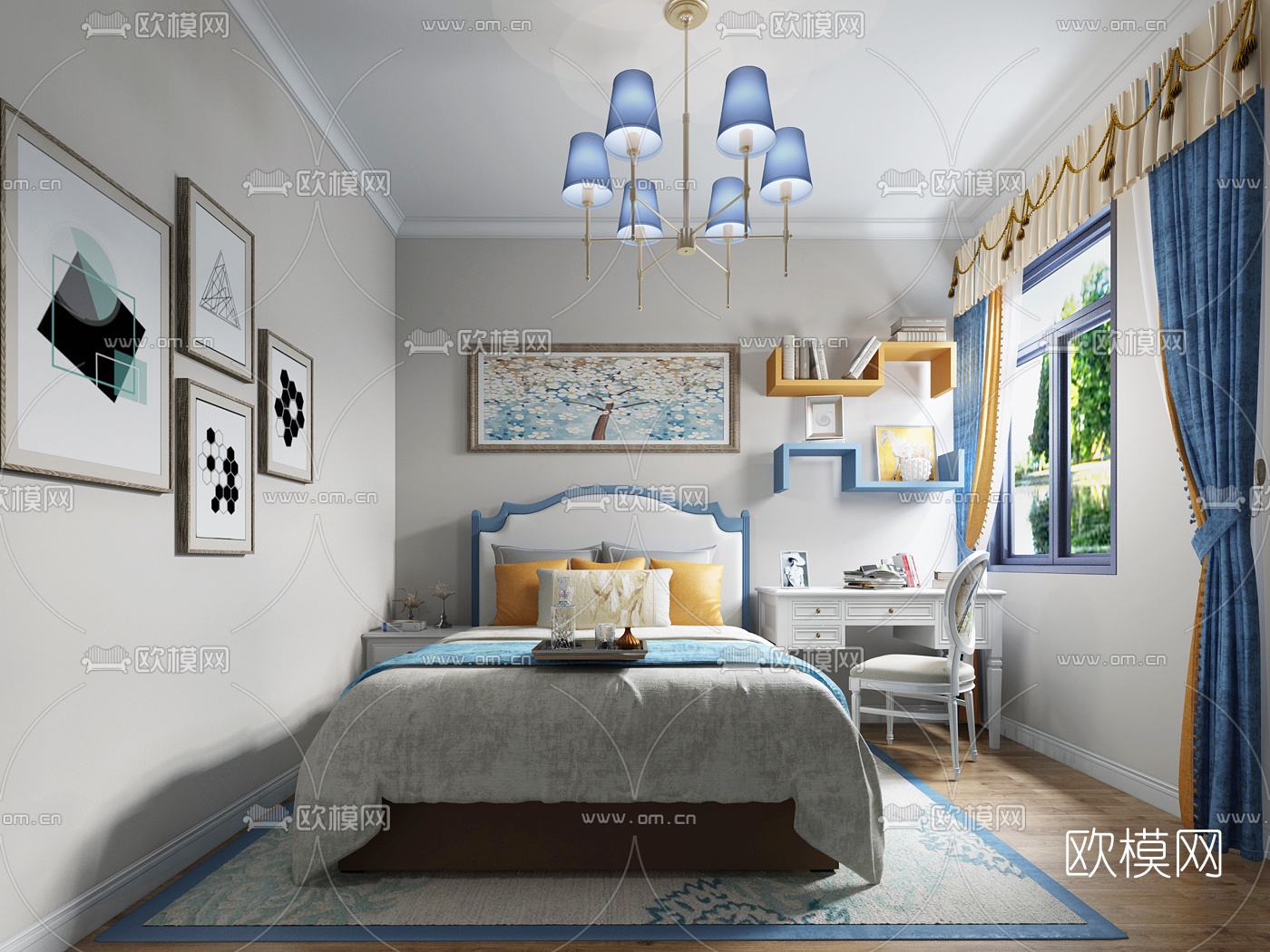 美式主人房卧室组合3D模型下载（渲染图2）
