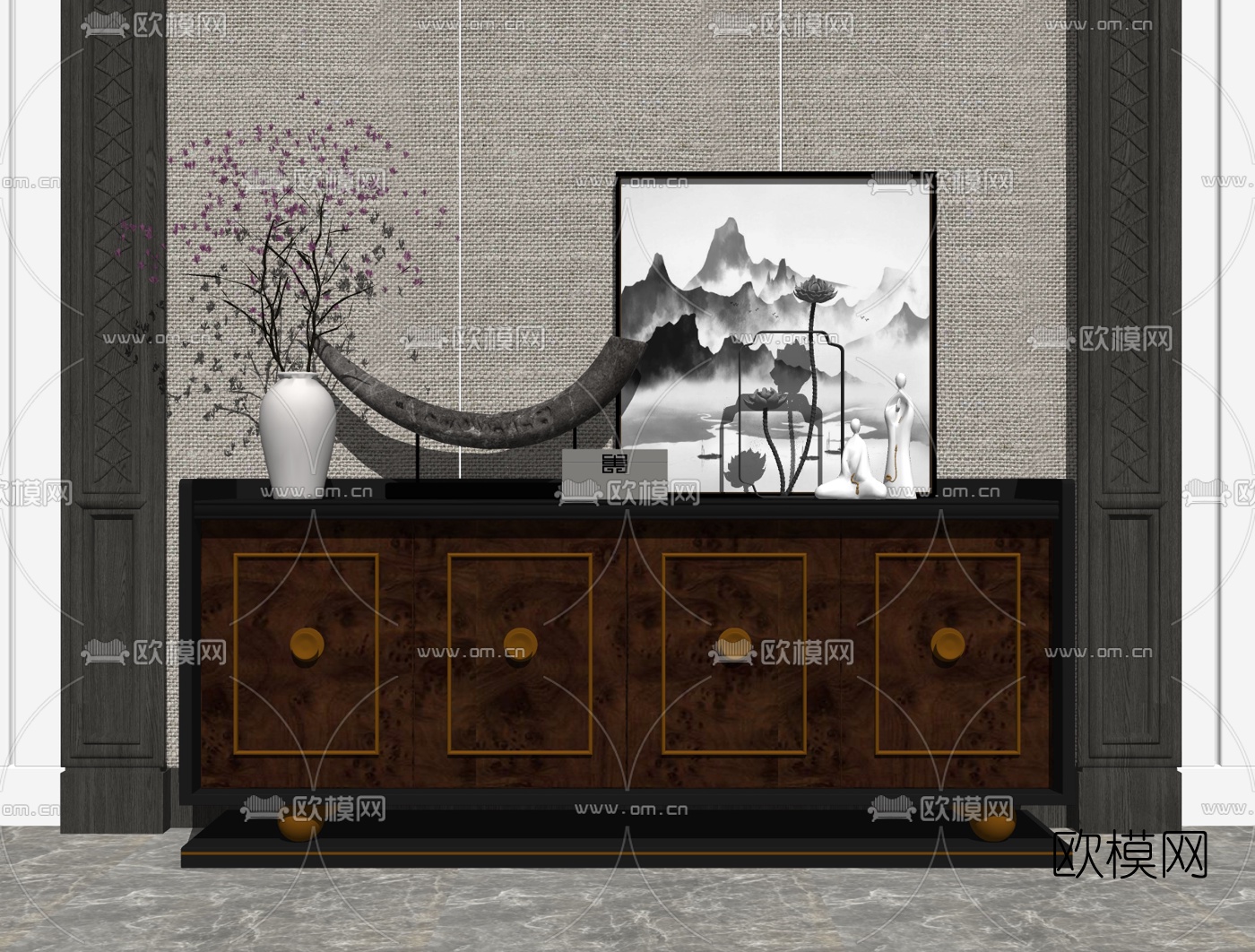 新中式玄关端景柜su模型下载（渲染图1）