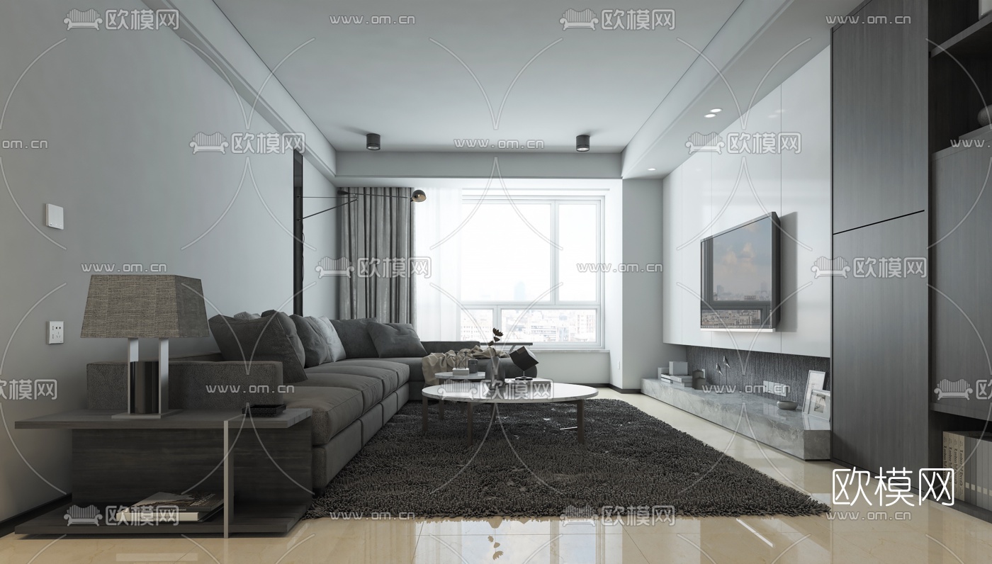 现代高级灰客厅餐厅3d模型