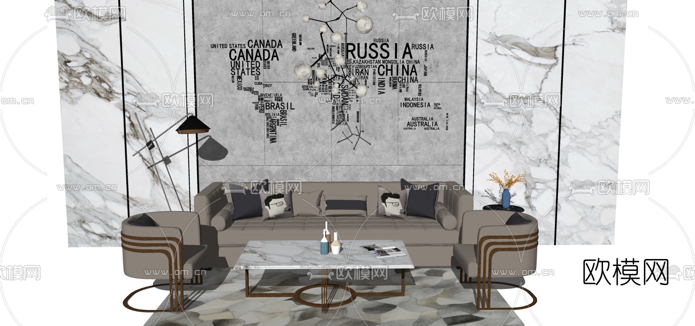 法式沙发组合su模型下载（渲染图1）