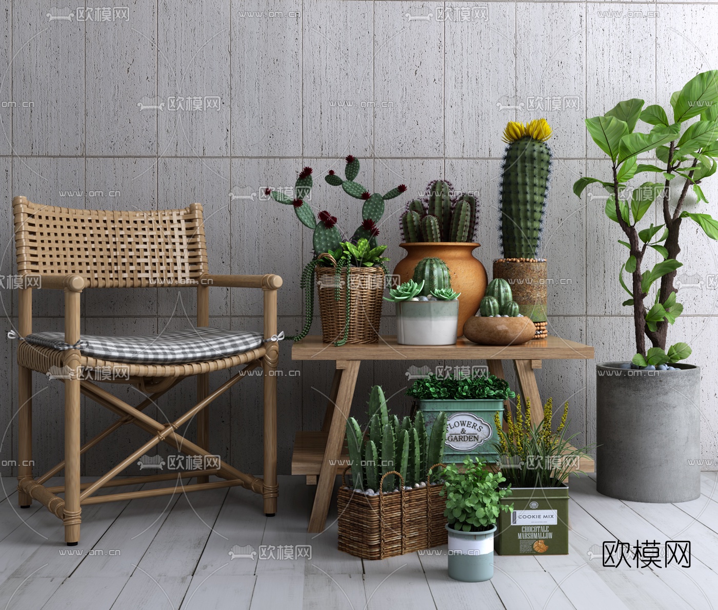 现代多肉仙人掌植物盆栽藤编椅子组合3d模型