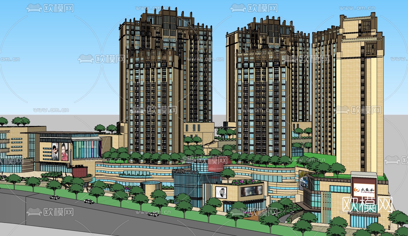 新古典小区规划免费su模型下载（渲染图1）
