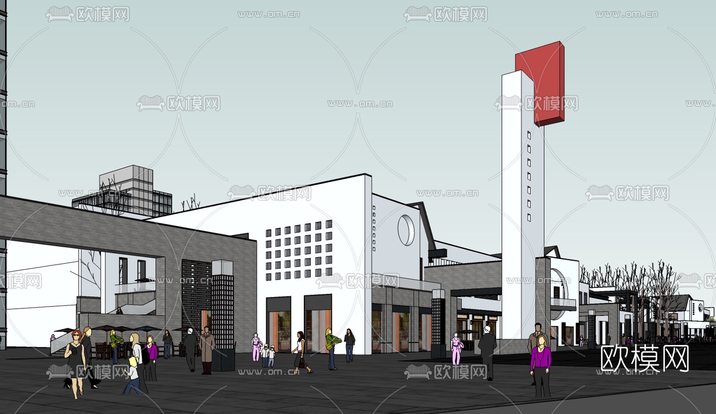新中式商业街su模型下载（渲染图1）