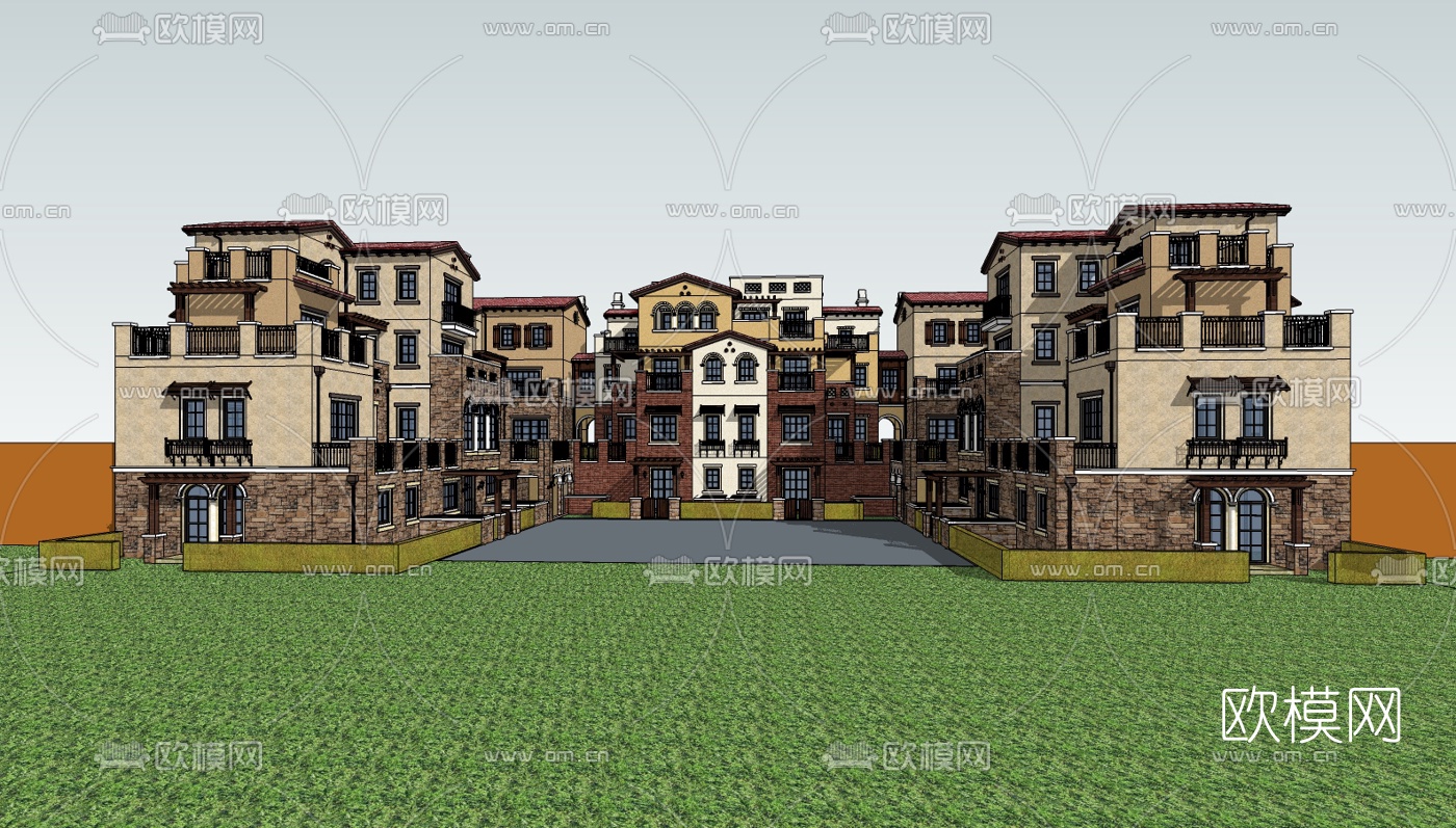欧式连排别墅su模型下载（渲染图1）