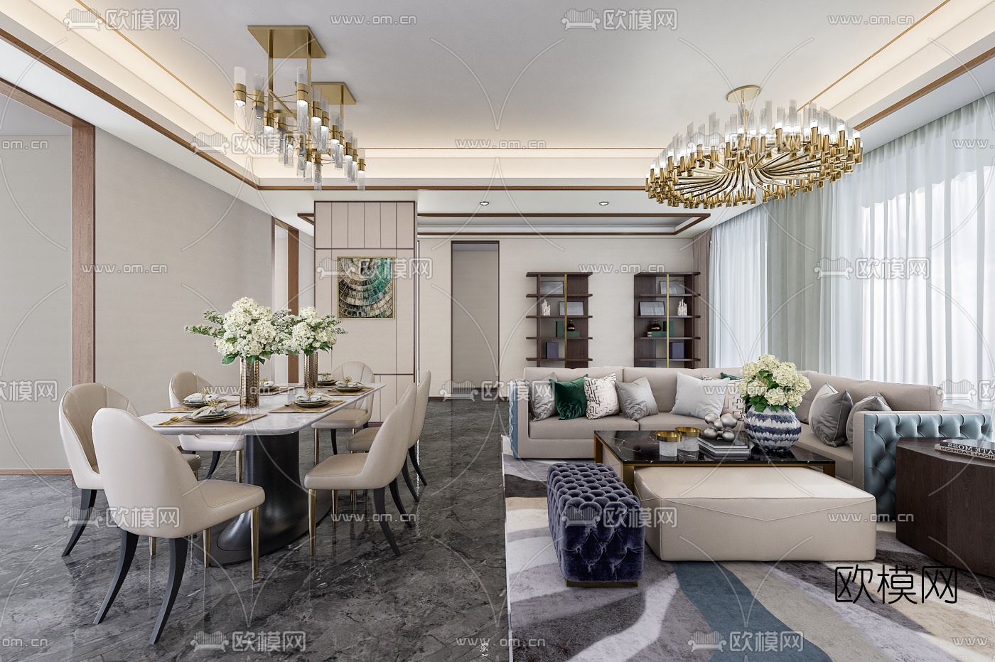 黄志达设计 中央公园现代轻奢客厅餐厅3d模型下载（渲染图1）