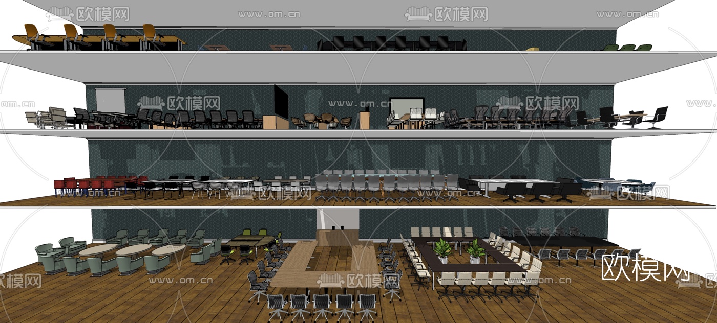 现代会议桌椅组合su模型下载（渲染图1）