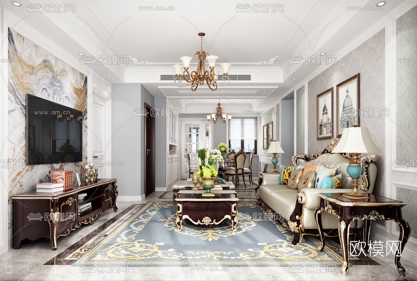 欧式客餐厅3d模型下载（渲染图1）
