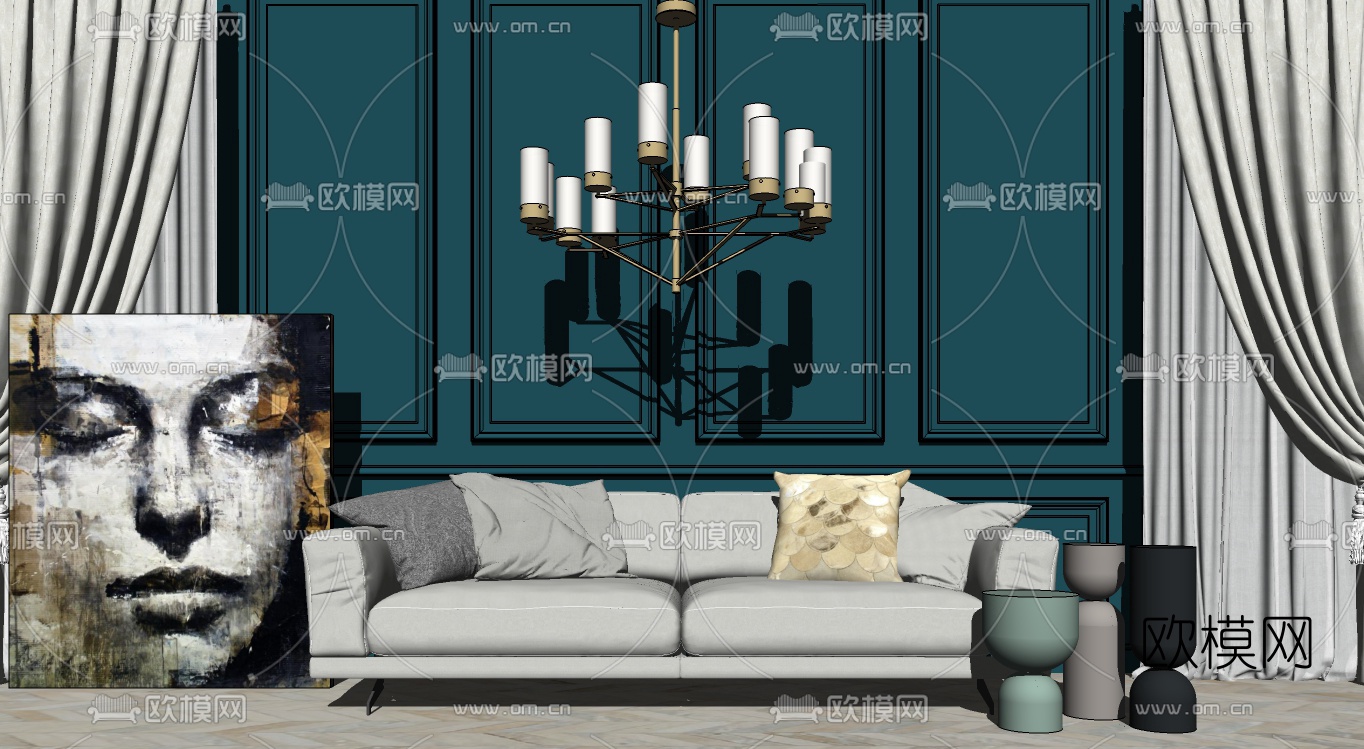 现代布艺多人沙发组合su模型下载