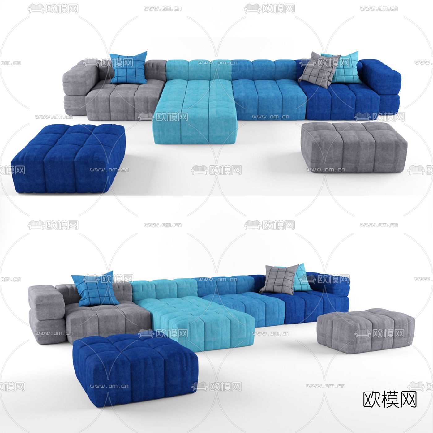 现代布艺多人沙发组合3D模型-免费3dmax模型库-欧模网