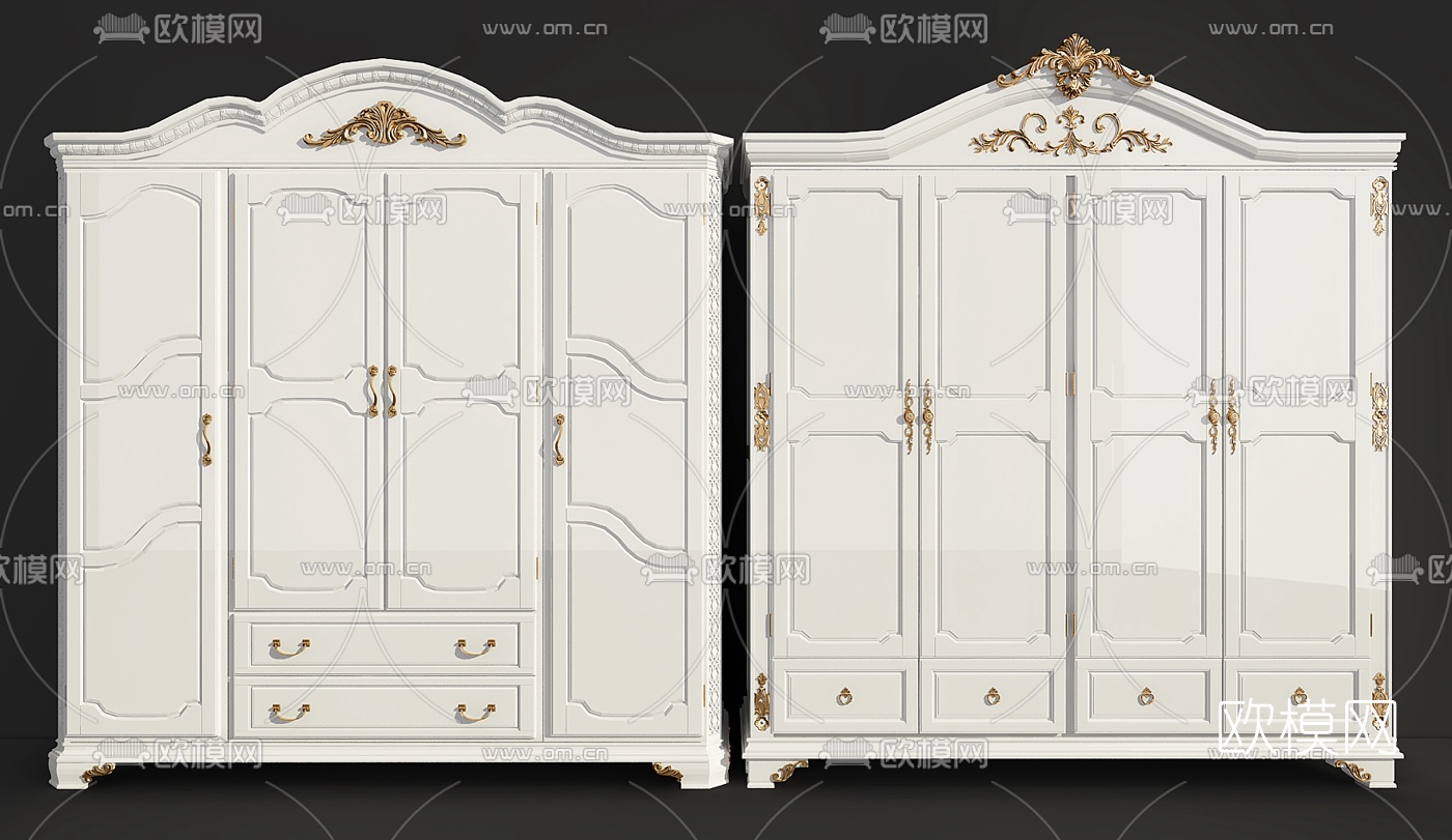 欧式实木白色衣柜组合3D模型下载