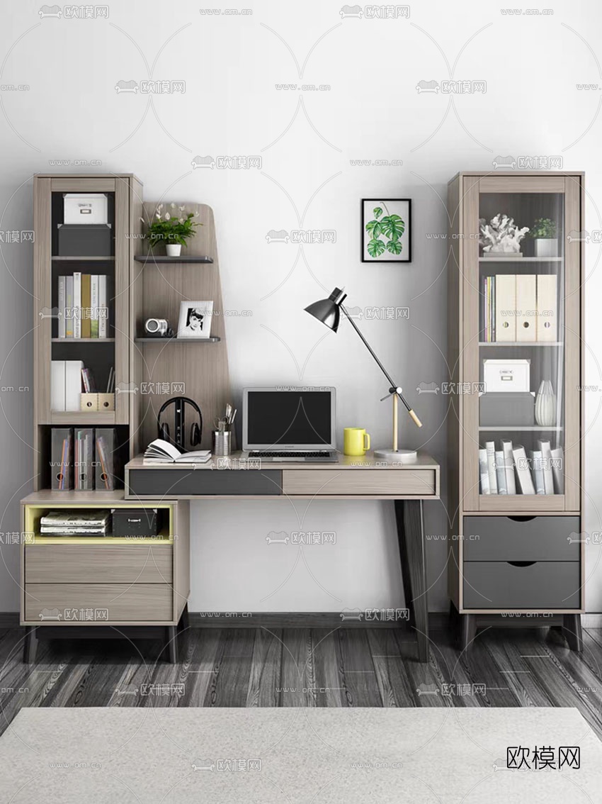 北欧书桌书柜组合su模型下载（渲染图2）