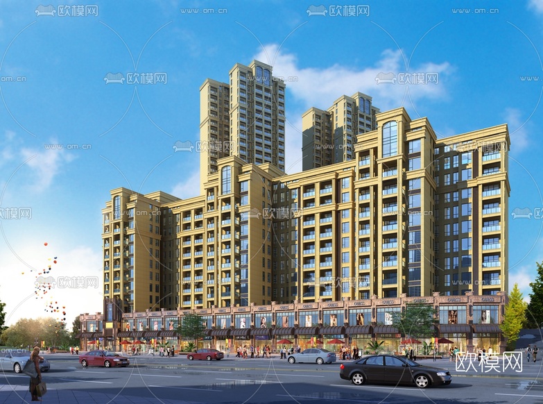 简欧高层住宅外观3d模型下载(渲染图1)
