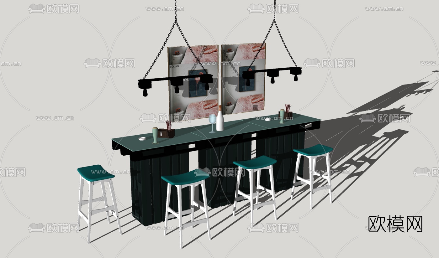 工业风吧台吧椅组合免费su模型下载（渲染图1）