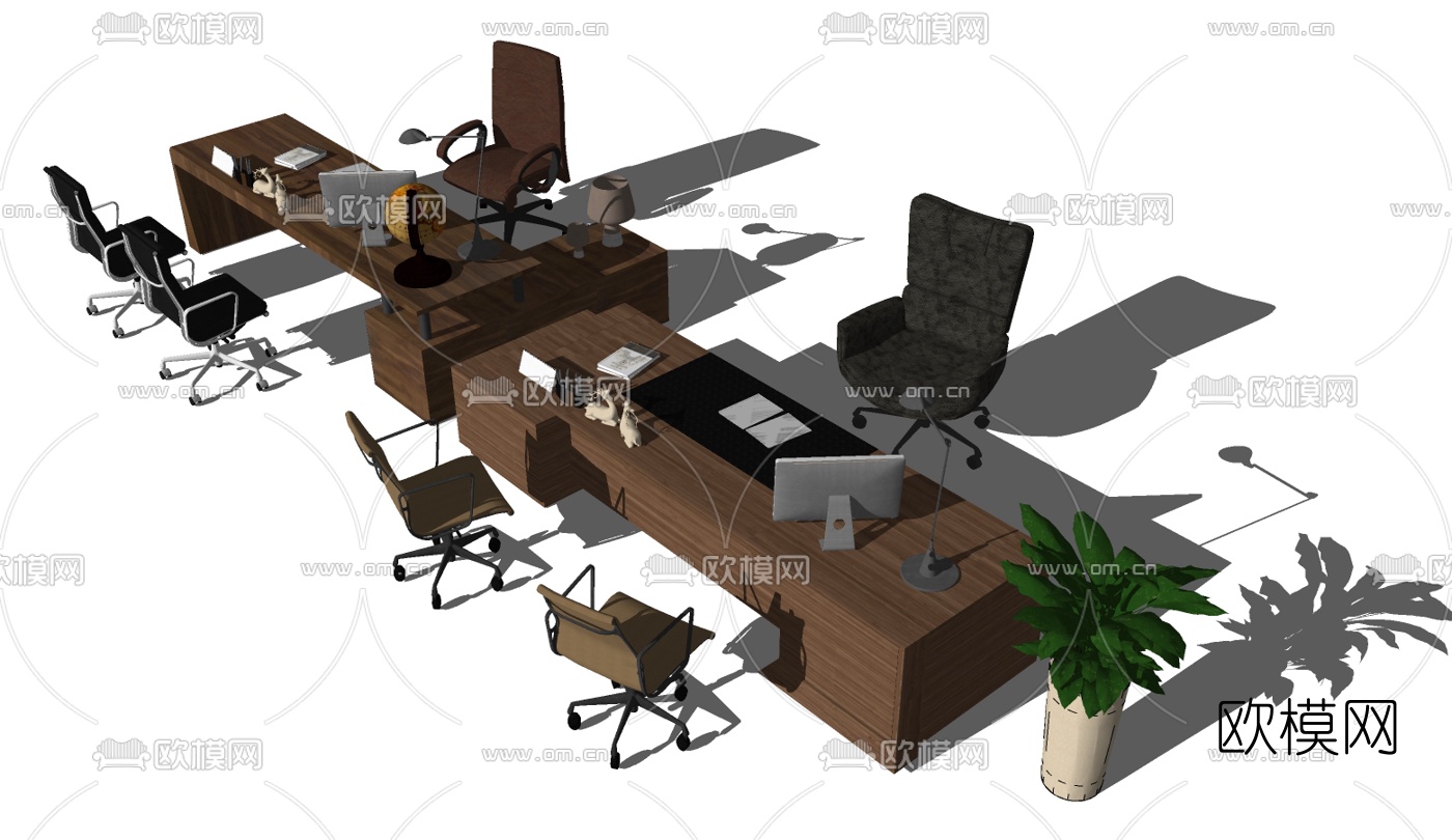 现代大班台办公桌椅组合su模型下载（渲染图3）