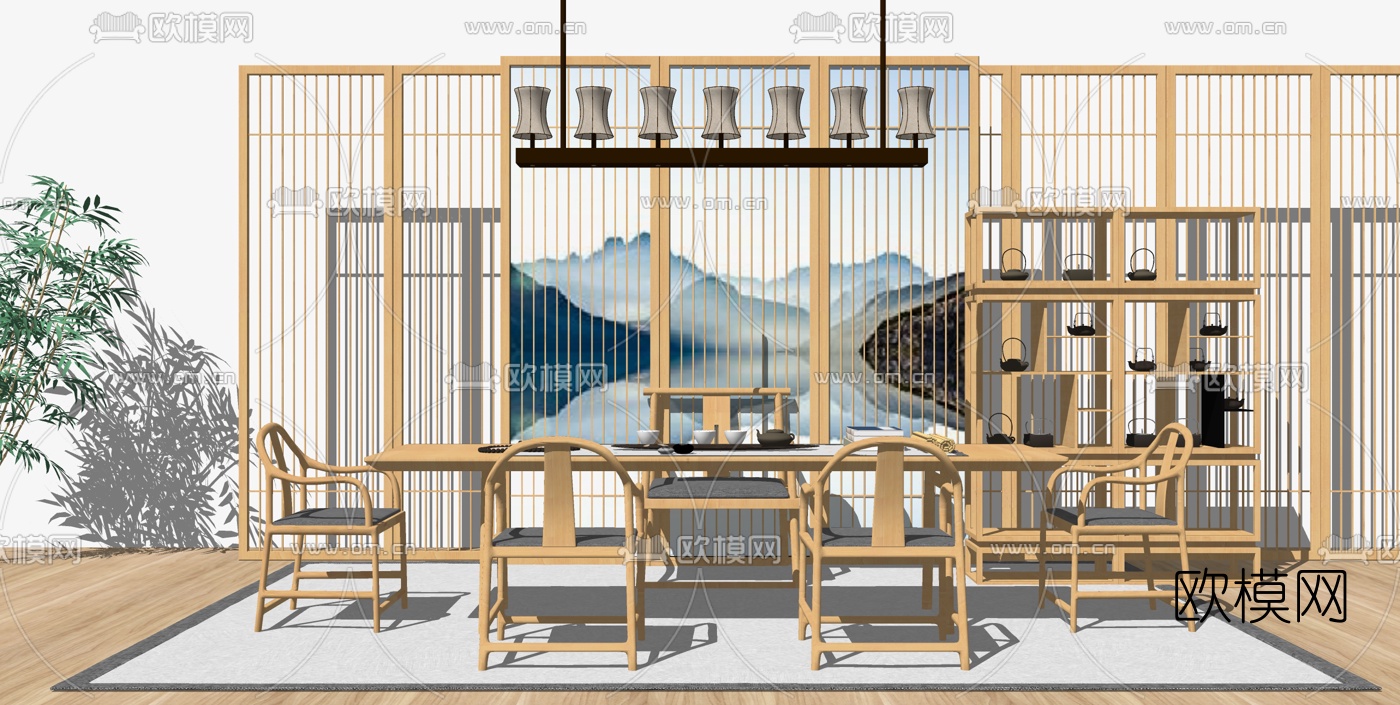 新中式实木茶桌椅组合su模型下载（渲染图1）