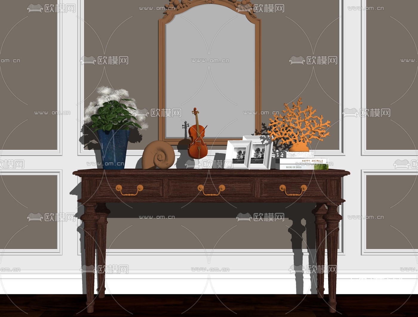 美式实木端景条案su模型下载
