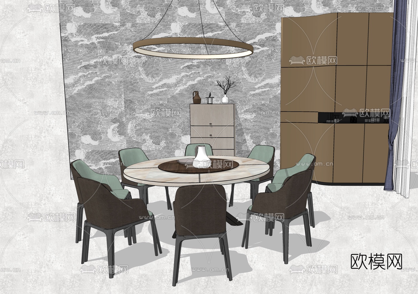 现代圆形餐桌椅su模型下载（渲染图1）