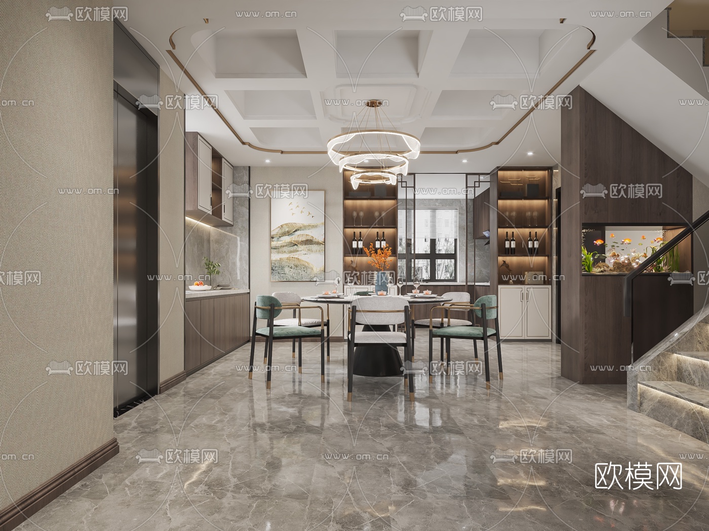 新中式客厅餐厅3d模型