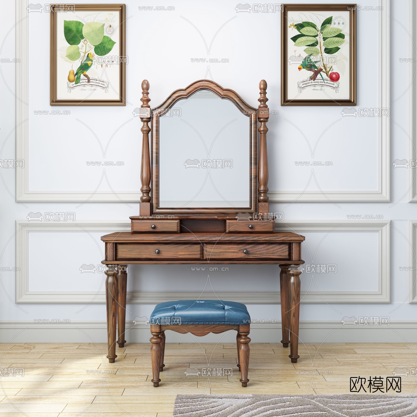 美式实木梳妆台3d模型下载（渲染图1）