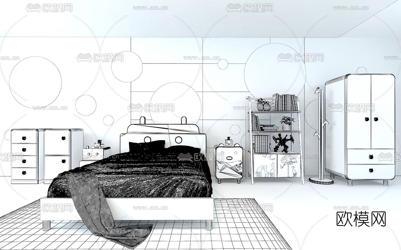 现代实木儿童床儿童柜3d模型下载（渲染图4）