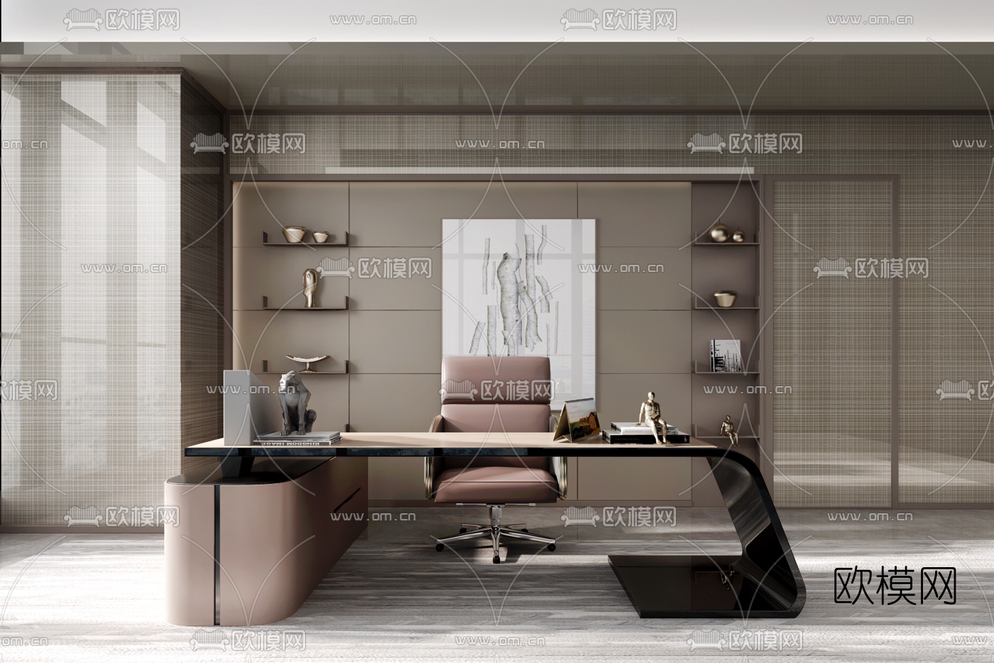 现代大班台办公桌椅3d模型下载