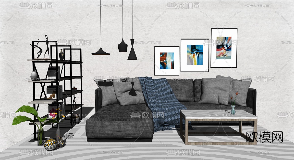 北欧布艺转角沙发su模型下载