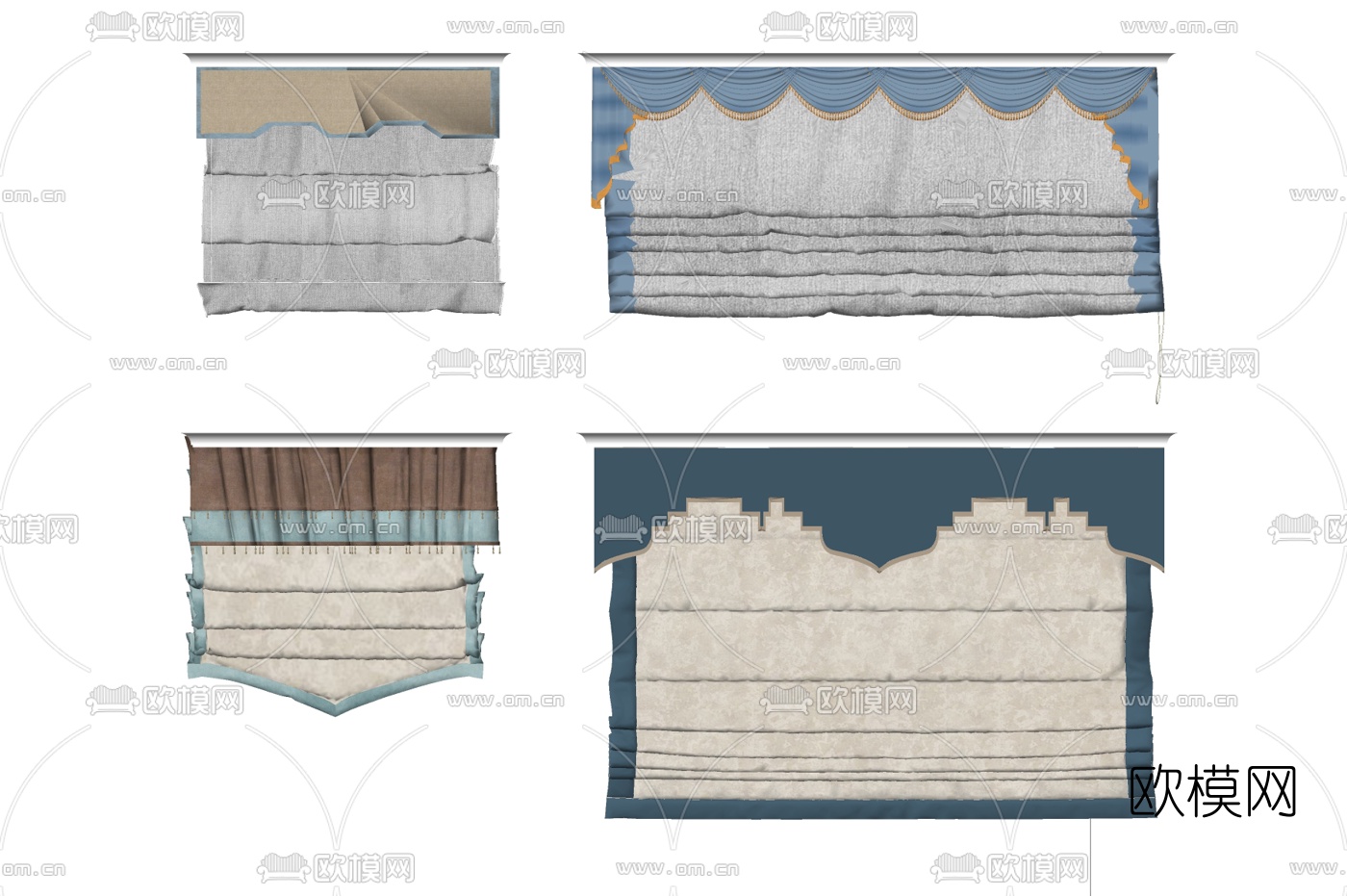 新中式布艺窗帘卷帘su模型下载