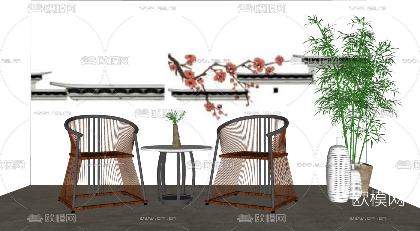 新中式单椅边几组合su模型下载