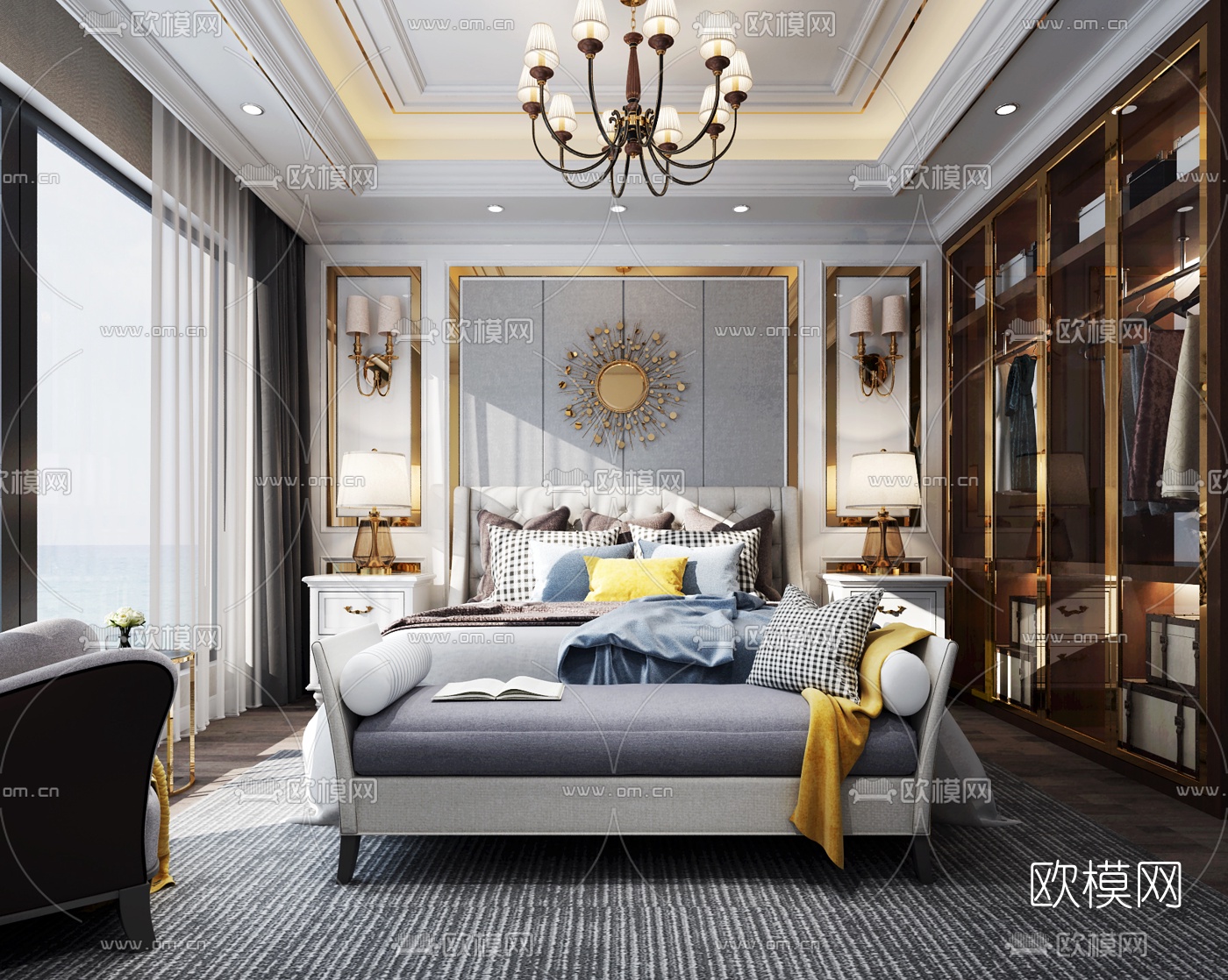 美式轻奢卧室主人房3d模型下载