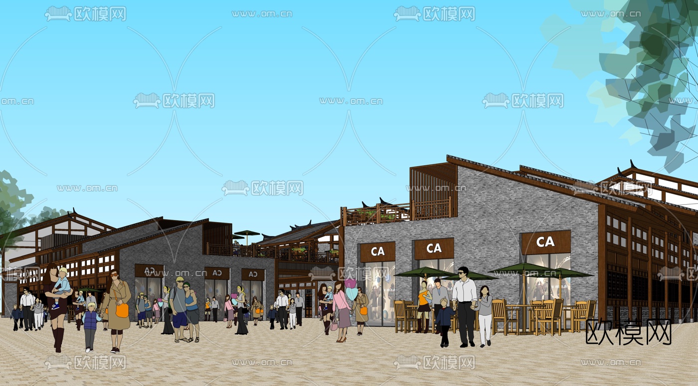 中式商业街规划su模型下载（渲染图3）