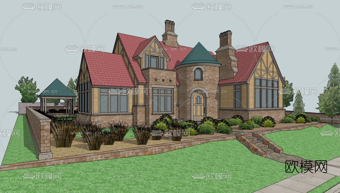欧式独栋别墅su模型下载（渲染图1）