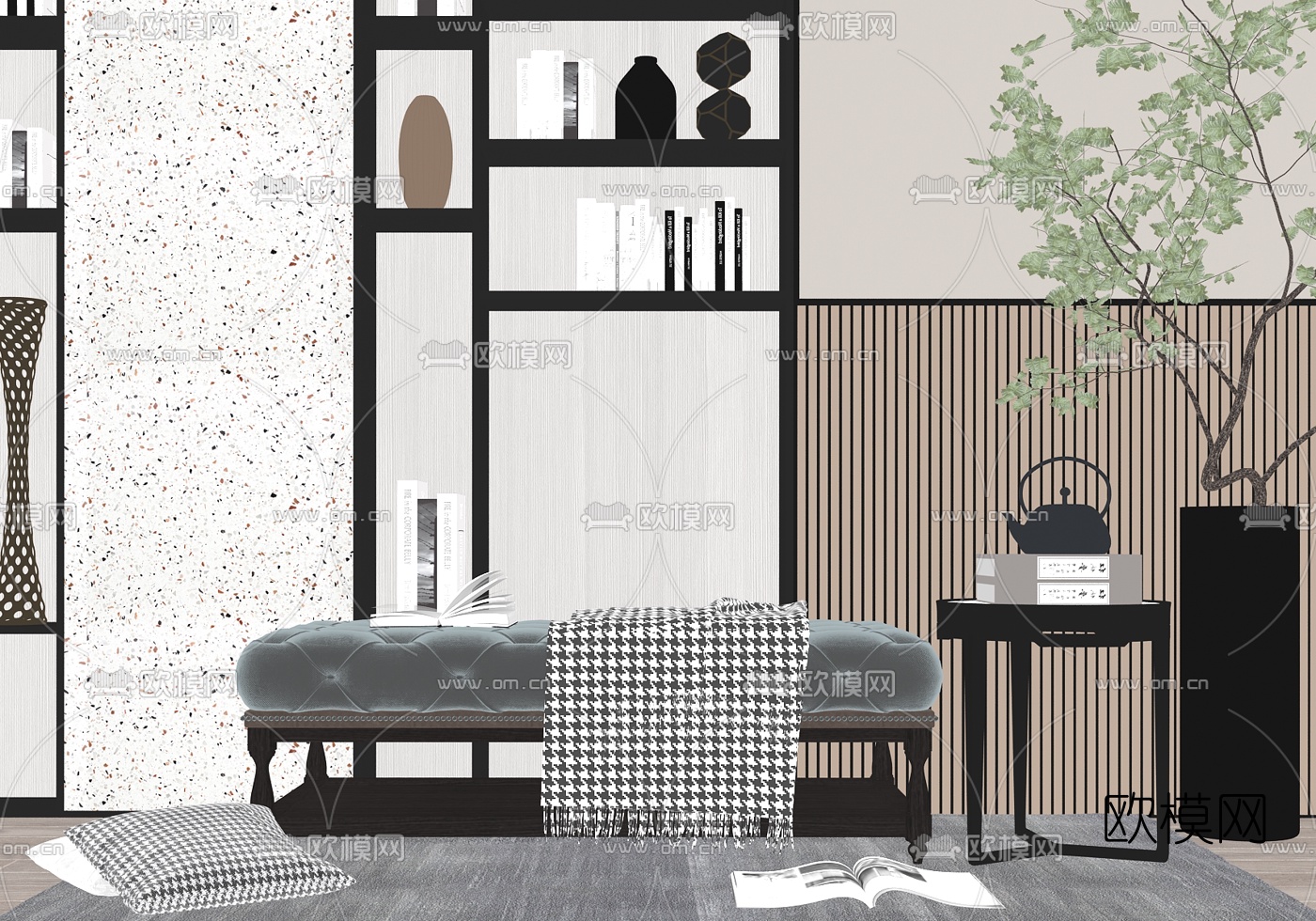 现代轻奢沙发凳su模型下载（渲染图2）