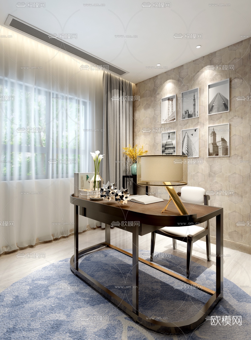 方黄设计现代书桌组合3D模型下载（渲染图1）