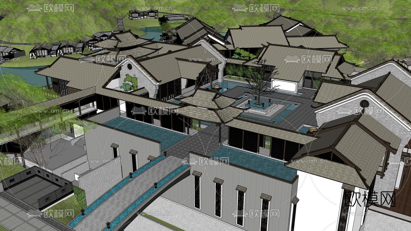 新中式度假酒店su模型下载（渲染图3）