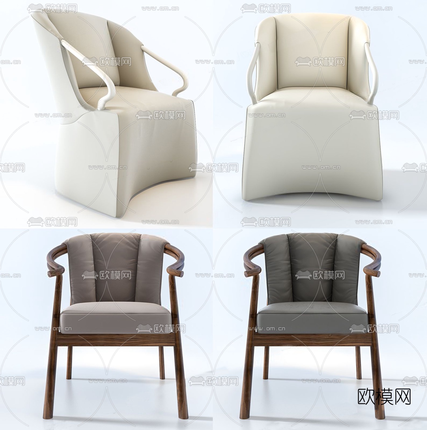 新中式皮革单人沙发休闲椅组合3D模型-免费3dmax模型库-欧模网