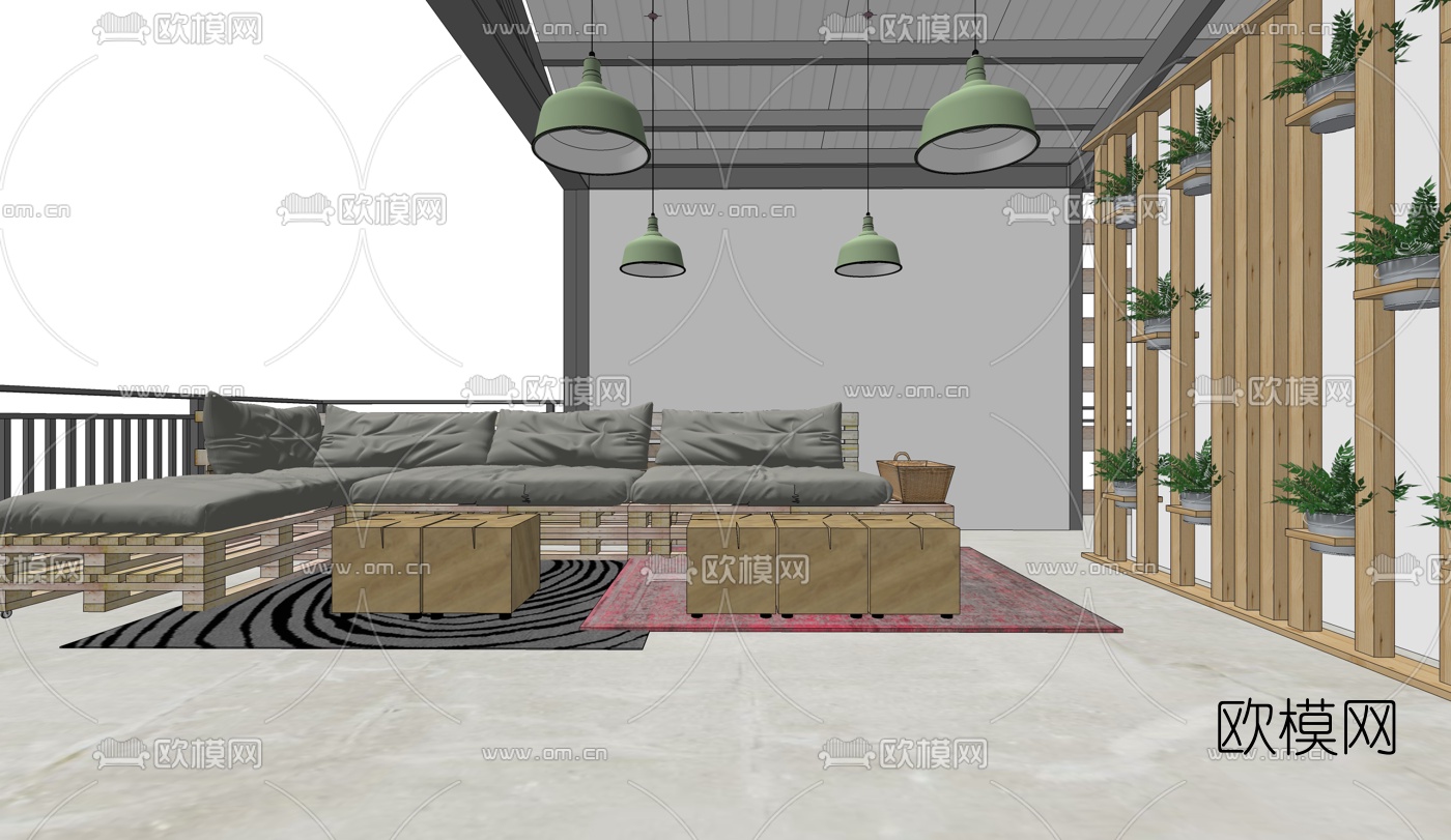 工业风民宿餐厅su模型下载（渲染图1）