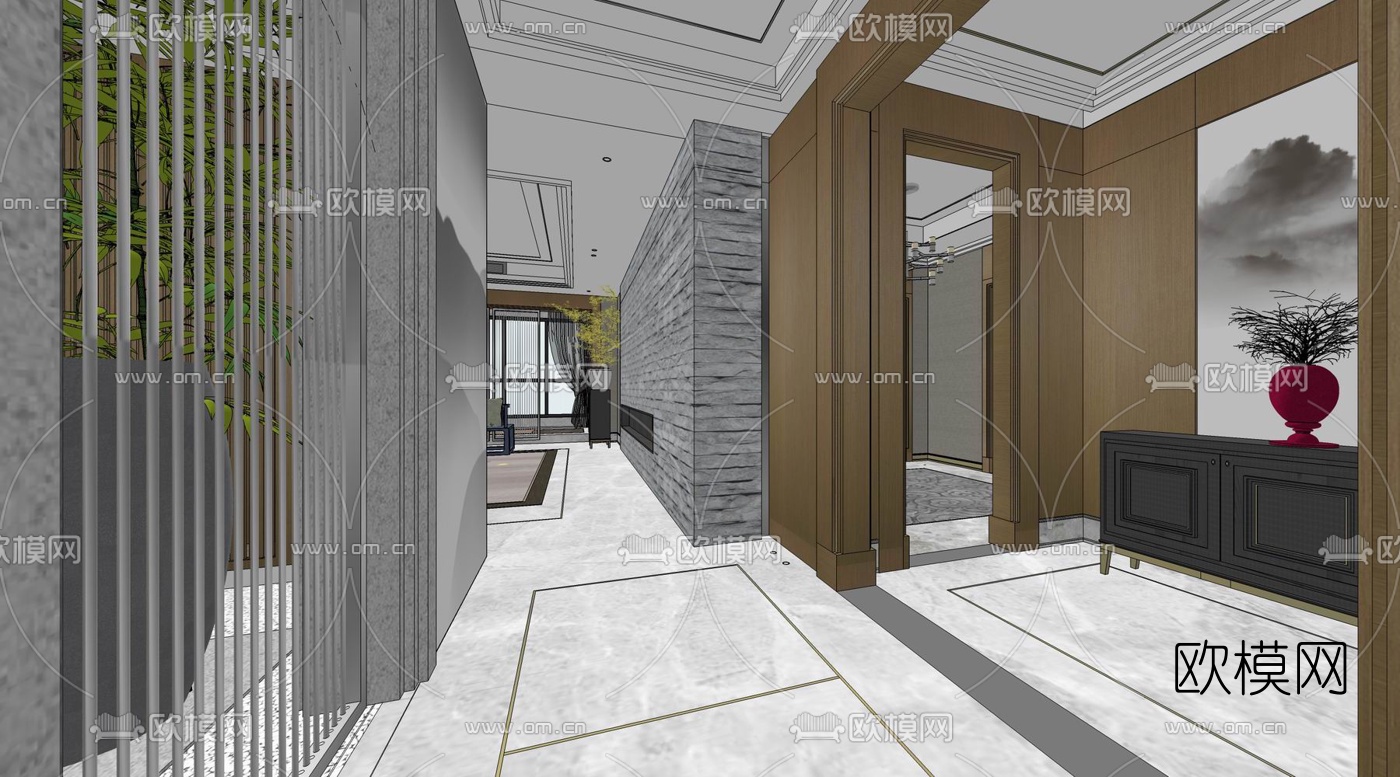 新中式客餐厅su模型下载（渲染图4）