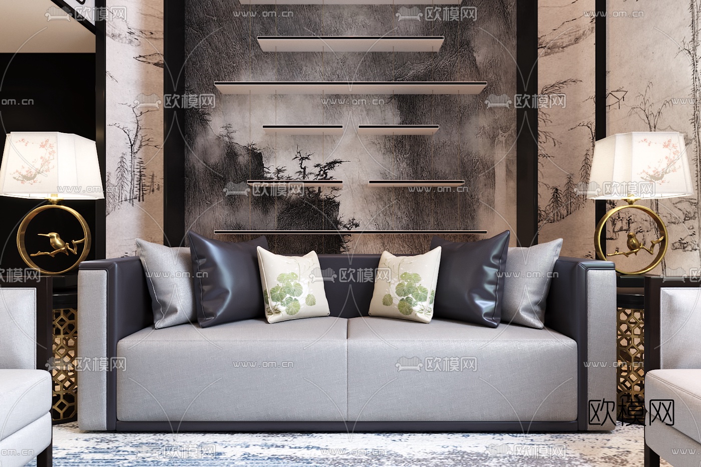 伊派设计中式别墅客厅3D模型下载（渲染图3）