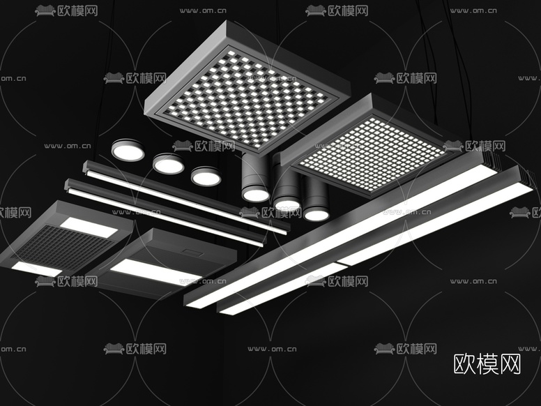 现代办公吊灯格栅灯筒灯3d模型下载(渲染图1)