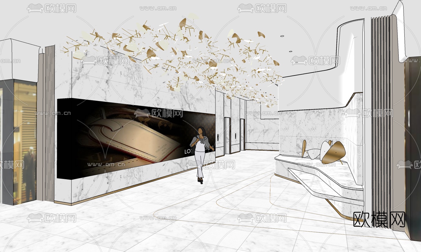 现代写字楼电梯厅su模型下载（渲染图2）