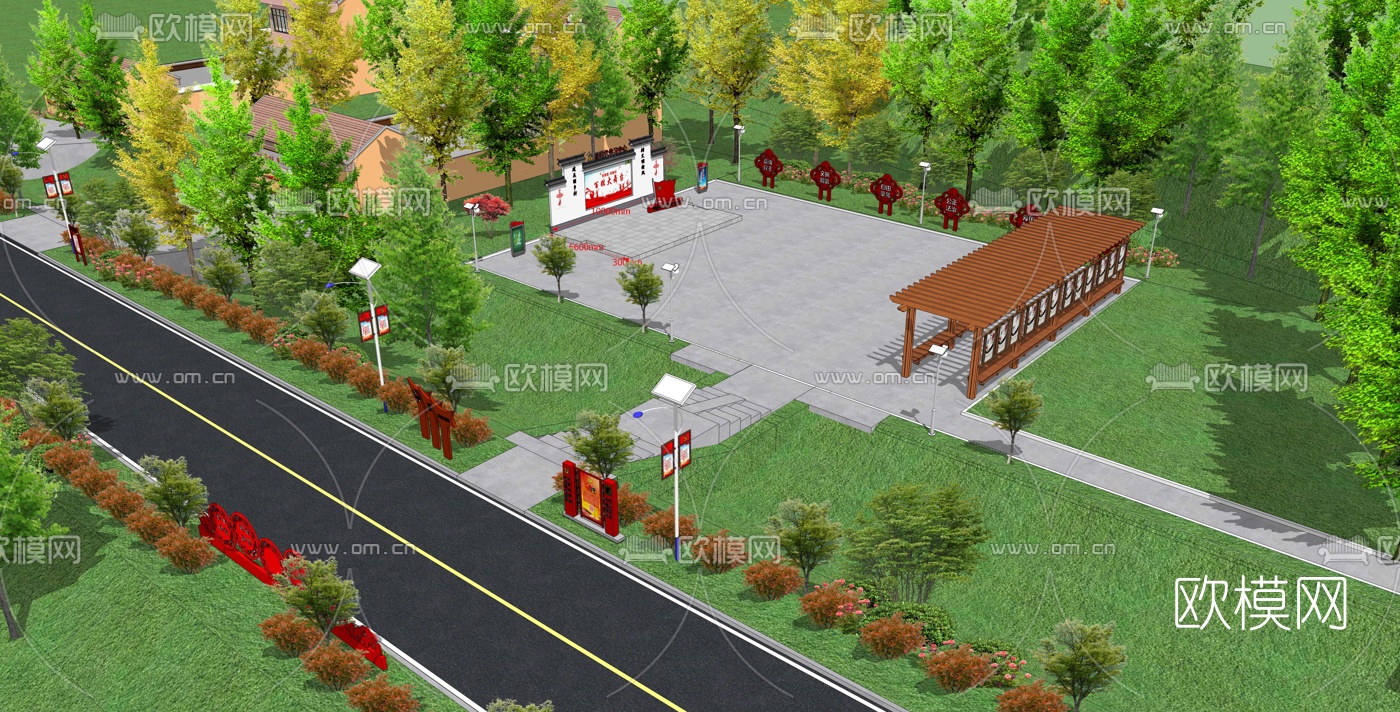 新中式党群服务广场景观su模型下载（渲染图5）