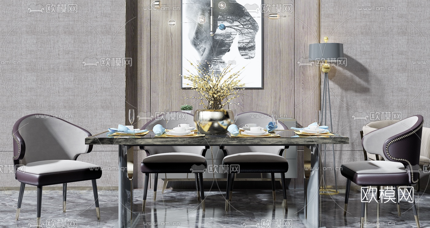 现代轻奢餐桌椅3d模型下载（渲染图1）