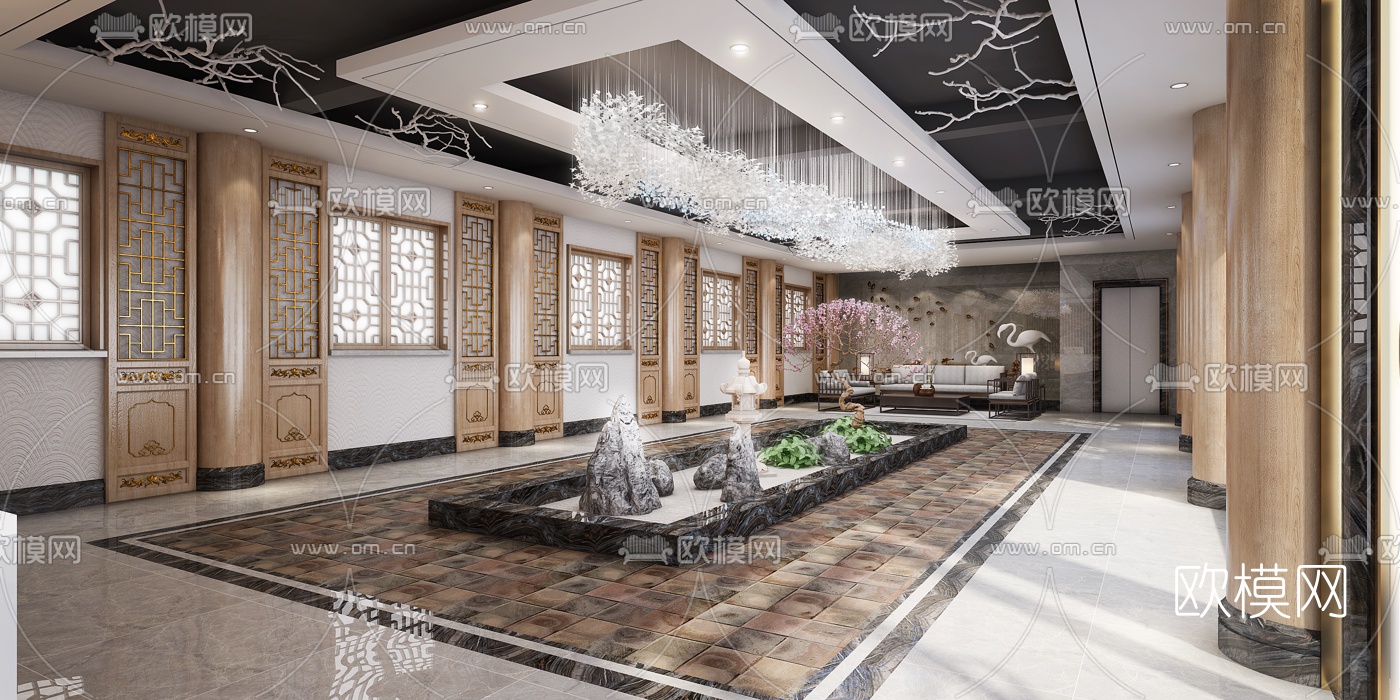 新中式会所中庭3D模型