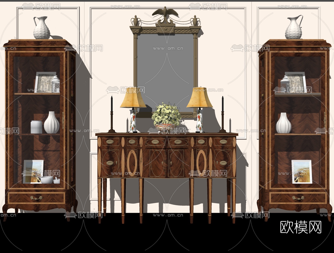 美式实木端景柜su模型下载