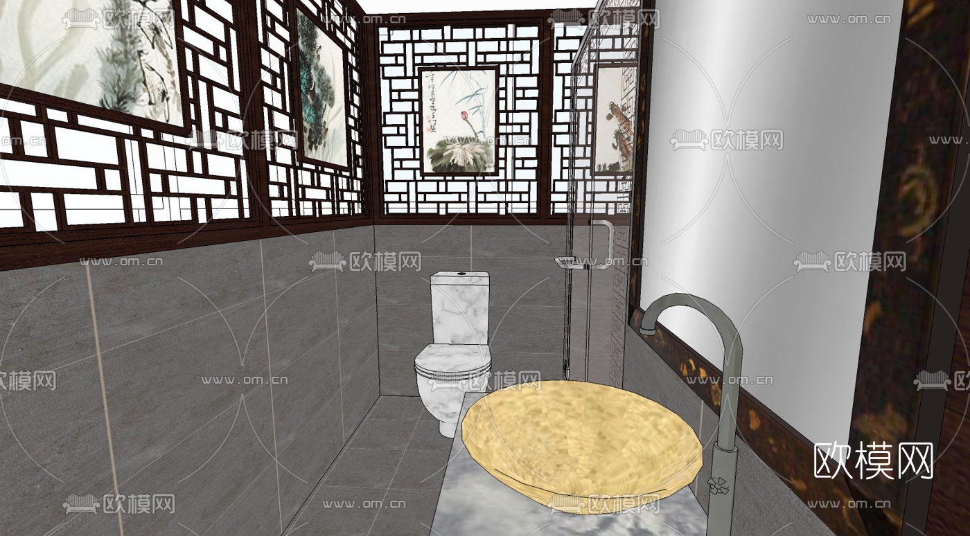 中式卫生间免费su模型下载（渲染图2）