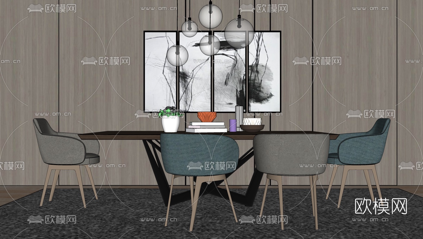 北欧简约餐桌椅组合su模型下载（渲染图1）