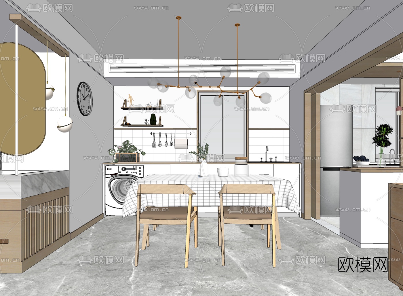 北欧客厅餐厅su模型下载（渲染图2）
