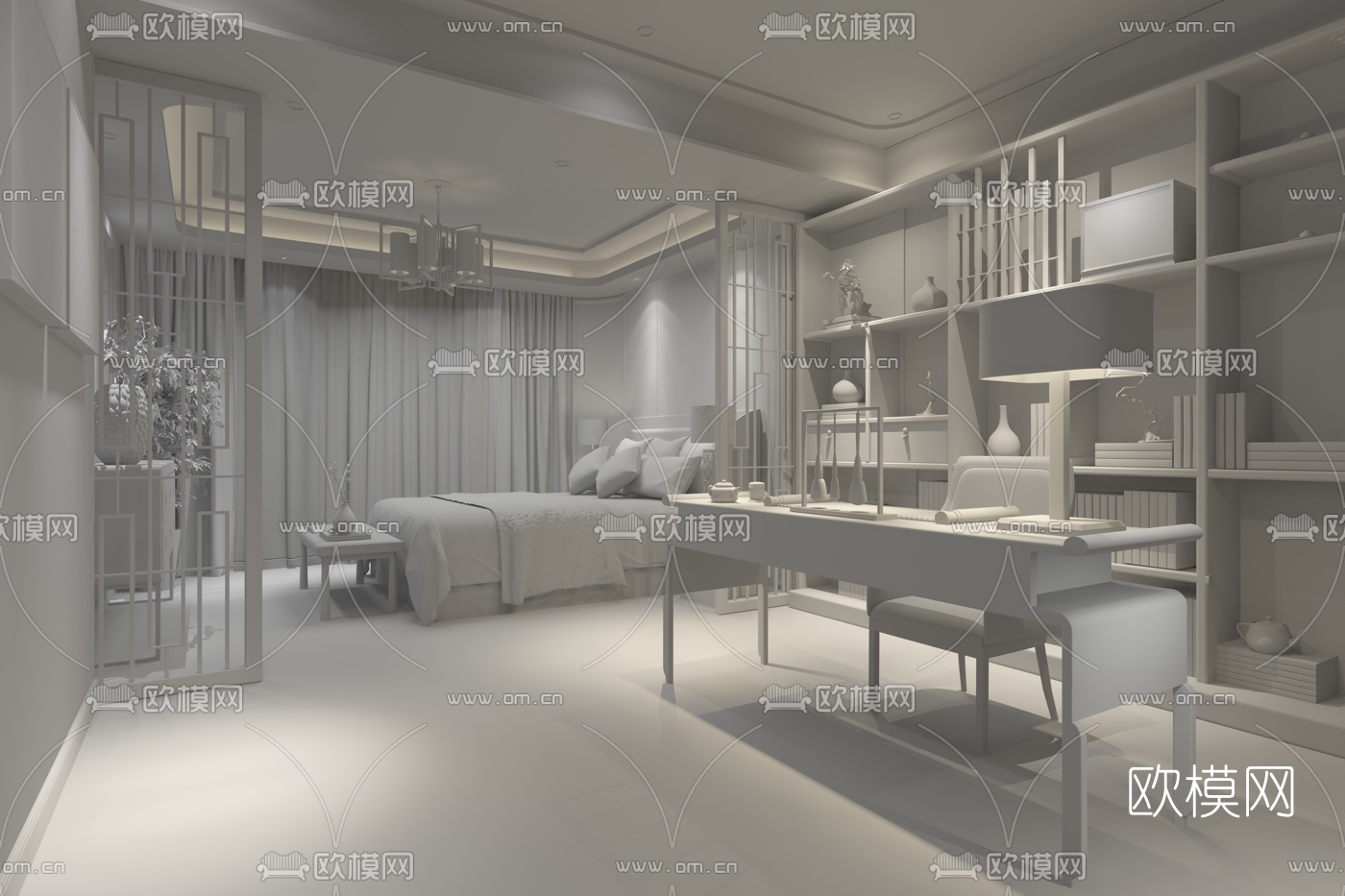 大集设计 中式卧室样板间3D模型下载（渲染图2）