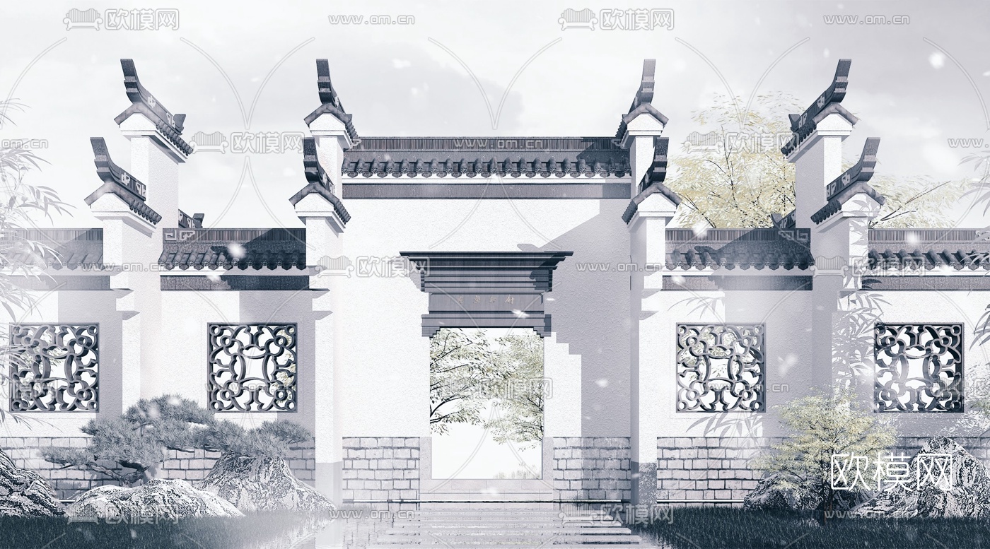 中式花窗青瓦白墙庭院门头3d模型下载