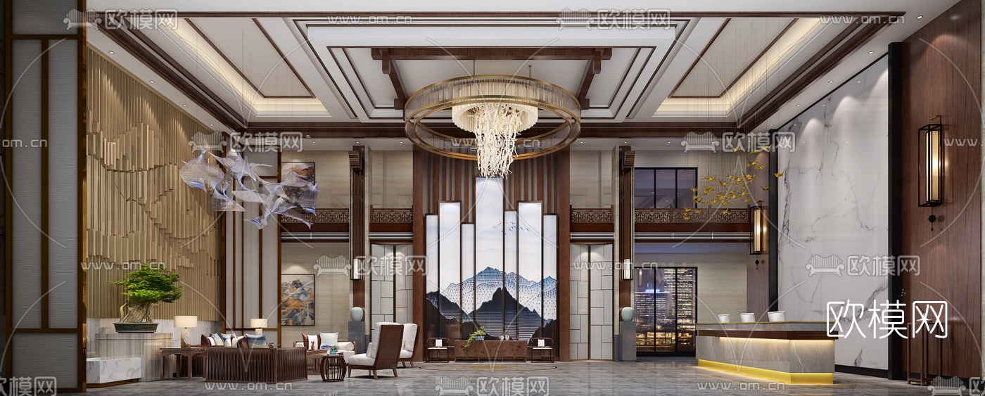 新中式酒店前台大厅3d模型